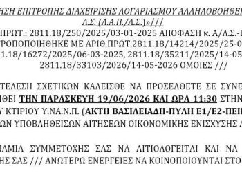 Την Παρασκευή 19/6/26 η συνεδρίαση της Επιτροπής Διαχείρισης Λογαριασμού Αλληλοβοήθειας Προσωπικού Λιμενικού Σώματος (Λ.Α.Π./Λ.Σ.)